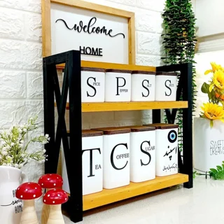 "استند پاسماوری چوبی آشپزخانه - قفسه تزئینی دوطبقه با طراحی مدرن و مقاوم"