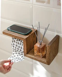 استند دیواری جادستمالی چوبی چندکاره: نگهدارنده دستمال، گوشی و عطر
